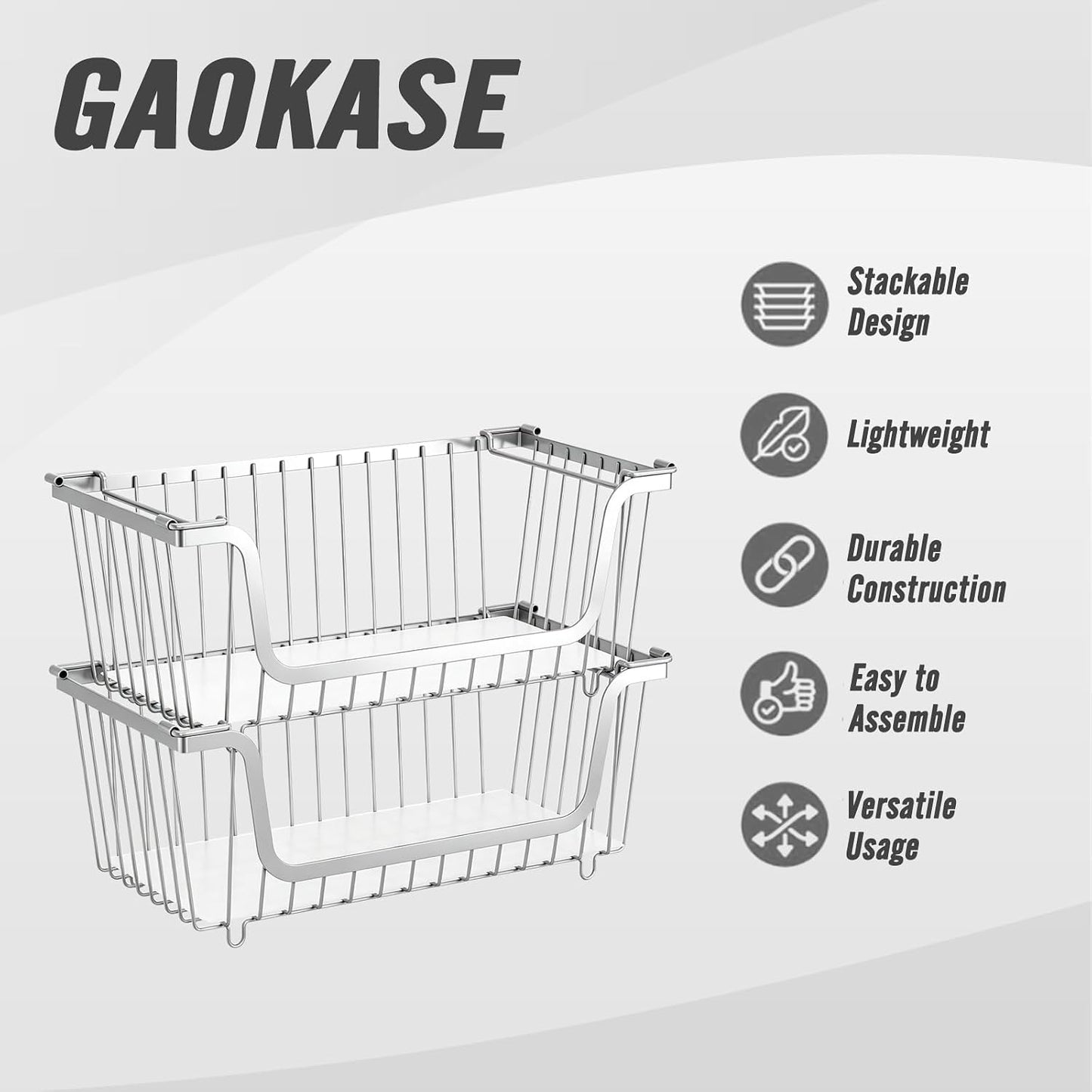 GAOKASE 4 Pcs Stackable Wire Baskets for Pantry Organizers and Storage,Vegetable Fruit Basket for Countertop,Kitchen Storage Metal Baskets,Produce Potato Onion Storage Bin-Black