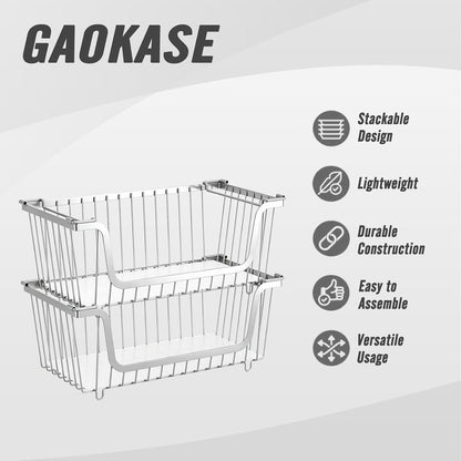 GAOKASE 4 Pcs Stackable Wire Baskets for Pantry Organizers and Storage,Vegetable Fruit Basket for Countertop,Kitchen Storage Metal Baskets,Produce Potato Onion Storage Bin-Black