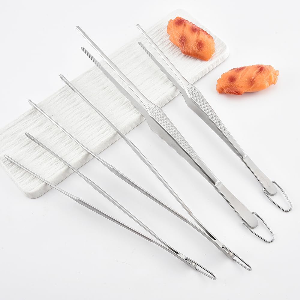 Stainless Steel Cooking Tweezers Set, 10 & 12 Inch Precision Kitchen Tweezers with Star Dot Texture & Elevated Tips | Galaxy Grip Series, 4-Piece (Silver)
