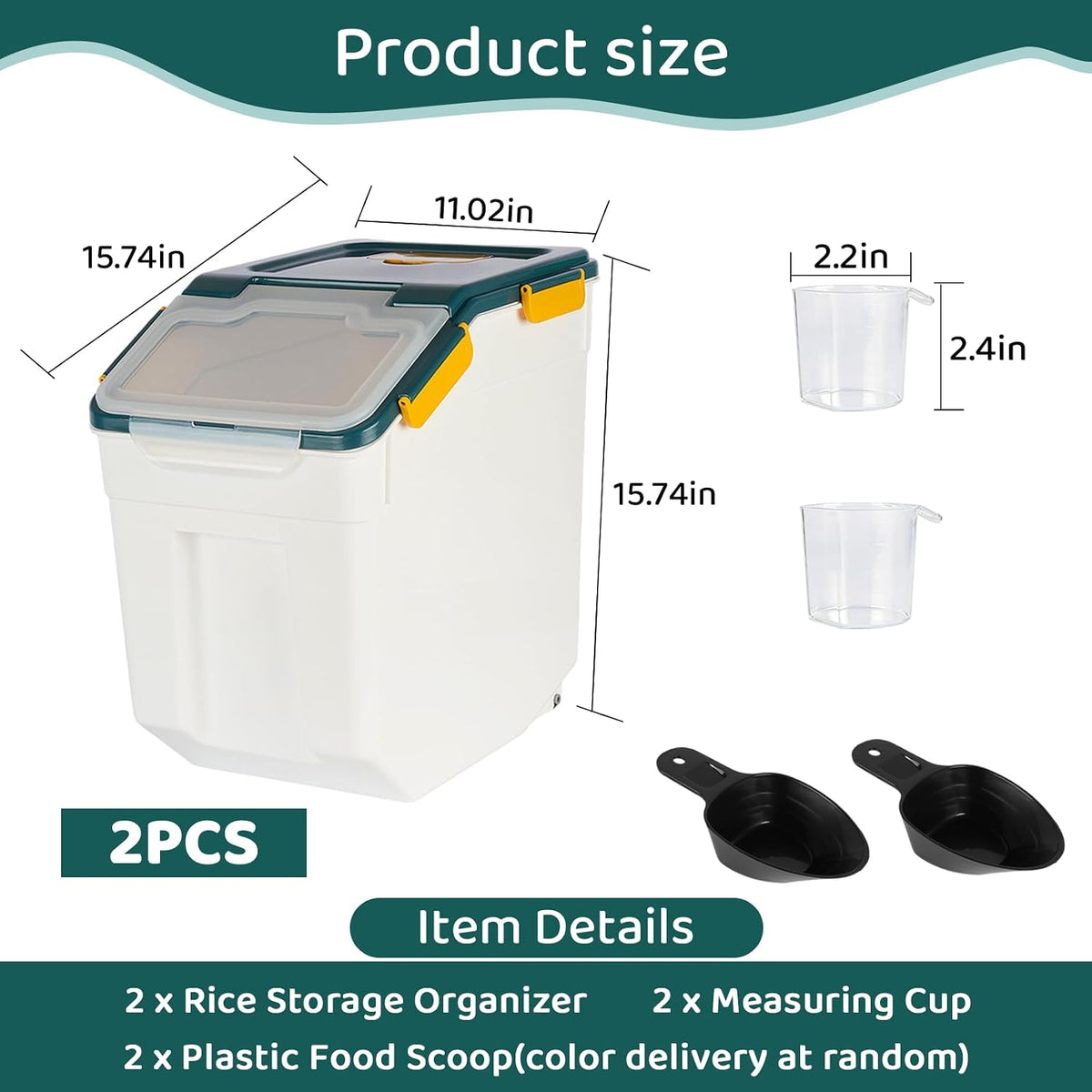 Rice Storage Container 25 lbs, Grey, 2 Pack | Airtight, with Wheels, Locking Lid, Measuring Cup Included, for Flour Sugar Grain Cereal