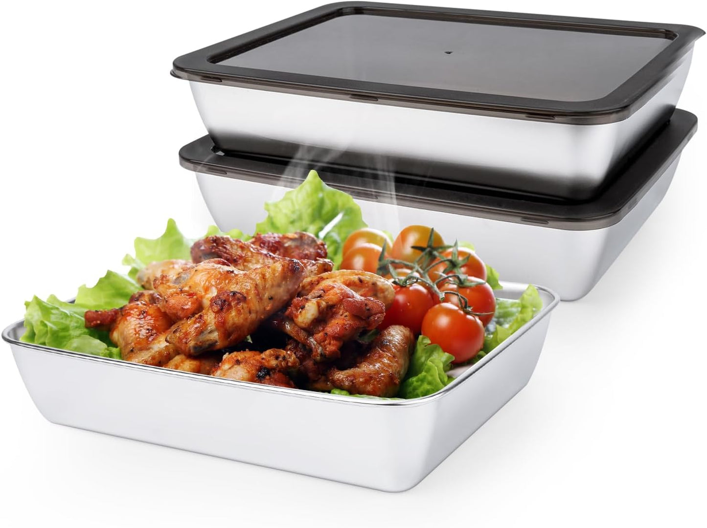 4 PCS Stainless Steel Food Storage Containers with lids,2.16 Inch Deep, 8x10 Inch Stainless Steel Oven plate, Metal Roasting Pan for Meal Prep、Meat, Rustproof & Heavy, Freezer & Dishwasher Safe