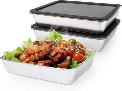 4 PCS Stainless Steel Food Storage Containers with lids,2.16 Inch Deep, 8x10 Inch Stainless Steel Oven plate, Metal Roasting Pan for Meal Prep、Meat, Rustproof & Heavy, Freezer & Dishwasher Safe