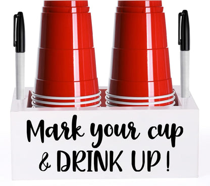 Single Cup Holder with Marker Slot Party Cup Dispenser Mark Your Cup and Drink Up Drink Dispensers for Parties Housewarming Hostess Gift Cup Holder Countertop 2 Sides Designs