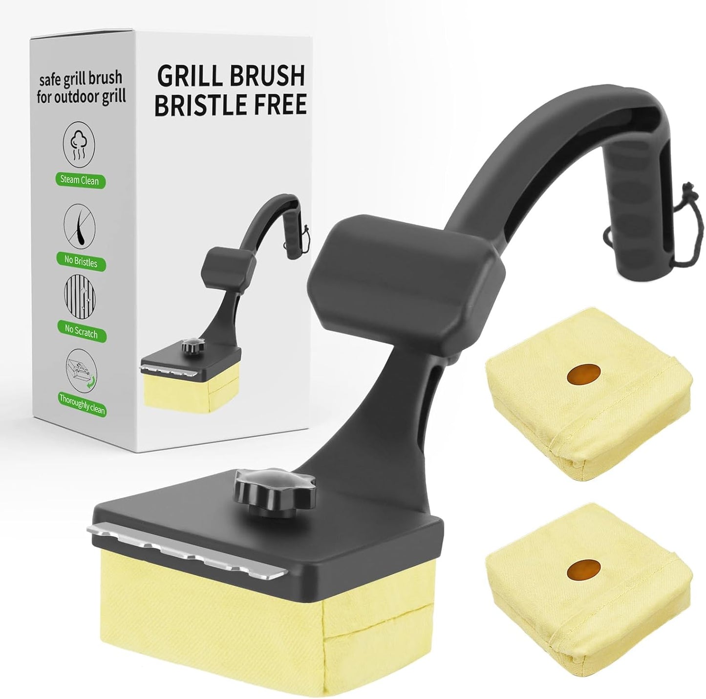 Sponge Grill Brush for Outdoor Grill, Upgraded Safe Bristle Free Grill Brush with Scraper Replaceable Head, BBQ Cleaning Brush for Dad, 1+2 Pcs