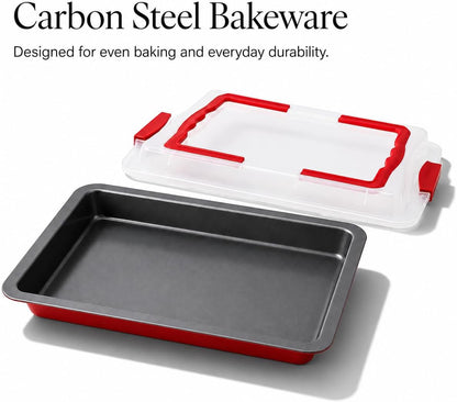 10x15 Jelly Roll Pan with Lid, Nonstick Carbon Steel Baking Pan with Locking Cover & Foldable Carry Handle, Rectangular Cake Pan Carrier for Swiss Roll, Brownies, Bars, Potluck & Bake Sale Desserts