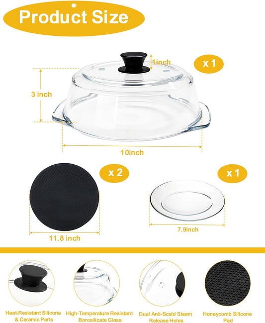 2 in 1 Glass Microwave Splatter Cover for Food with Tempered Glass Plate, High Borosilicate Glass Microwave Cover, Vented Splatter Guard Lid, Silicone Mats, Microwave Dish Cover