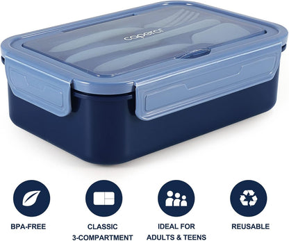 Caperci Classic Bento Box Adult Lunch Box for Older Kids - Leakpoof 47 oz 3-Compartment Lunch Containers for Adults and Teens, Built-in Utensil Set, Ideal for On-the-Go Balanced Eating,Khaki Green