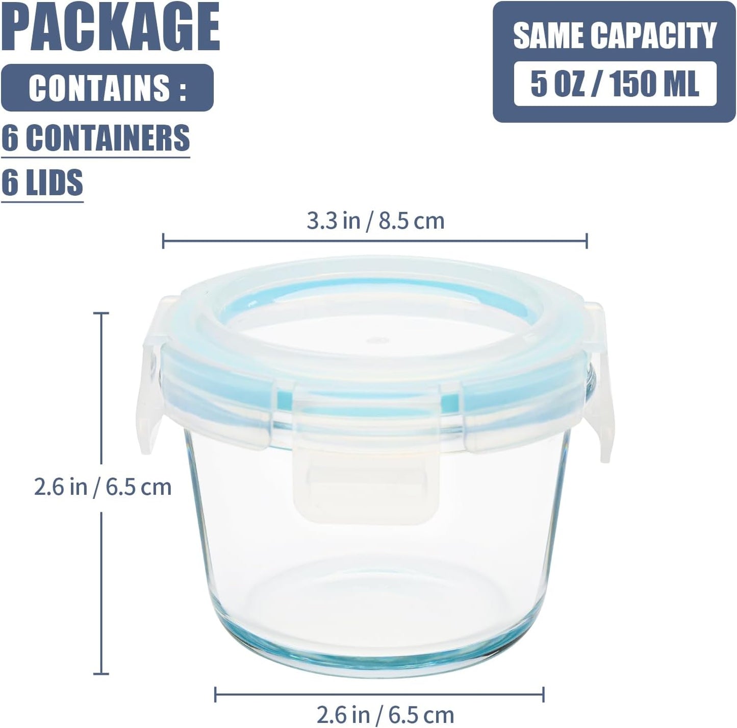Small Glass Containers 6 Pack, 6 oz Reusable, Airtight, Leakproof Mini Food Storage Containers with Lids