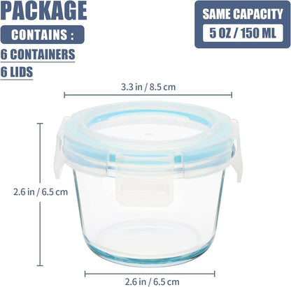Small Glass Containers 6 Pack, 6 oz Reusable, Airtight, Leakproof Mini Food Storage Containers with Lids