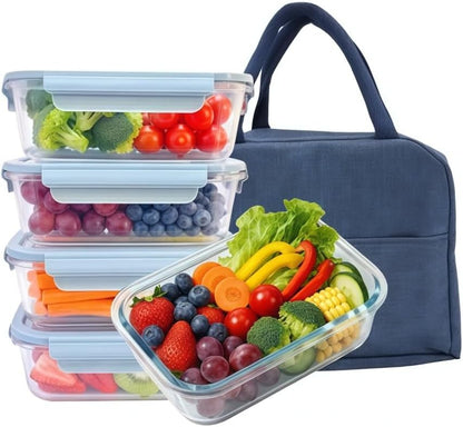 5Pack (32oz-3 Compartments with Lunch Bag) Glass Food Storage Containers with Lids for Kitchen Meal Prep, Fridge Organization, Lunch Box