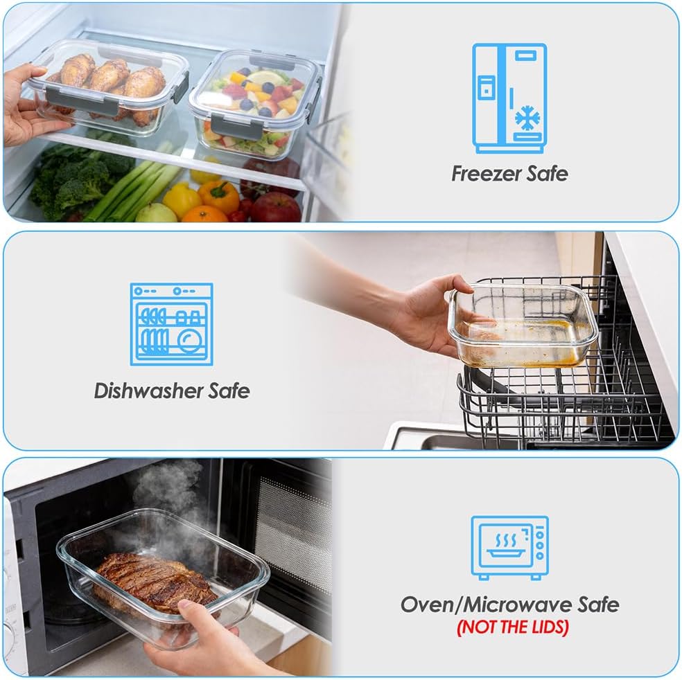 5-Pack 36oz Glass Food Storage Containers with Lids Airtight, Glass Meal Prep Containers Reusable, Leak-Proof Lunch Containers, BPA Free Borosilicate Glass, Microwave Oven Freezer Dishwasher Safe