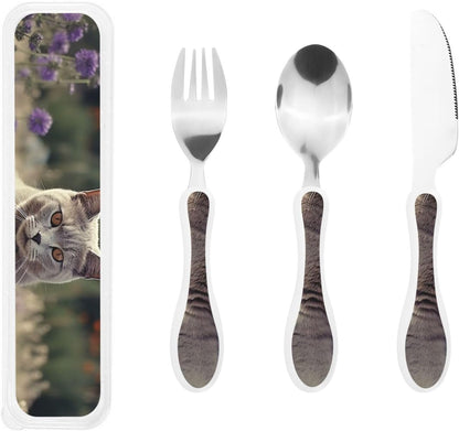 Stainless Steel Kids Silverware Set, Gray Cat In Flower Field Utensil Set Reusable Children Safe Knife Spoon Fork Set With Storage Case Dishwasher Safe For Lunch, Travel Outdoors