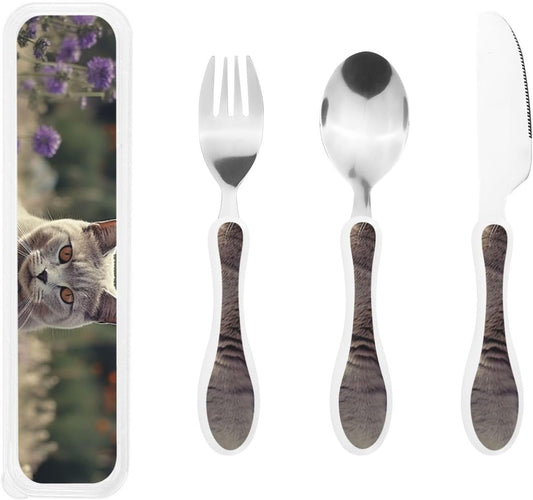 Stainless Steel Kids Silverware Set, Gray Cat In Flower Field Utensil Set Reusable Children Safe Knife Spoon Fork Set With Storage Case Dishwasher Safe For Lunch, Travel Outdoors