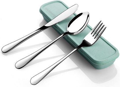 Portable Utensils Set with Case, 4pcs Stainless Steel Reusable Silverware for Lunch Camping School Picnic Workplace Travel, Lunch Box Includ Fork Spoon Knife,Easy to clean,Dishwasher Safe(Rainbow)