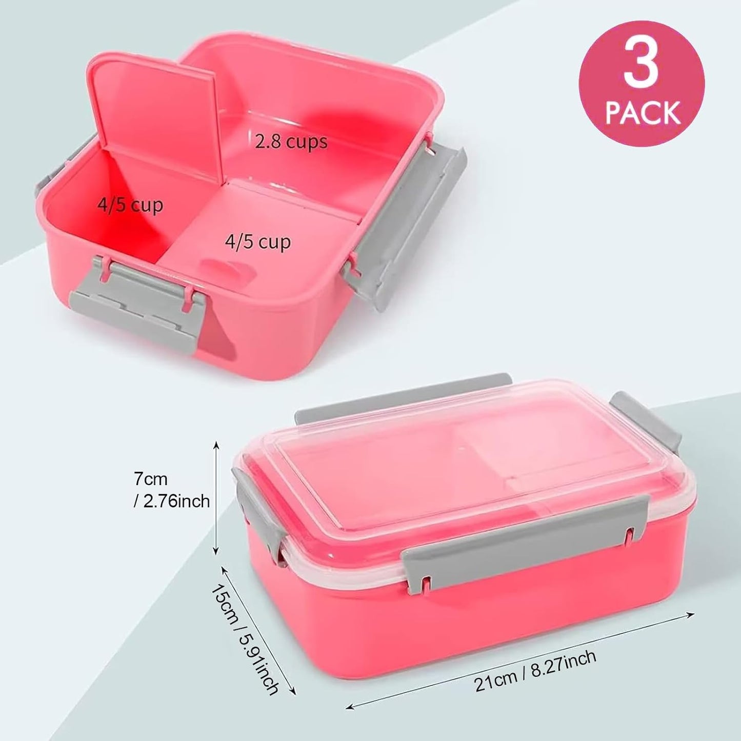 3 Pack Salad Lunch Box Food Storage Containers, 47oz Bento Box To Go Container with Lids, Reusable Meal Prep Containers with Removable Tray & Dressing Pots for Kids and Adults, Microwave Safe