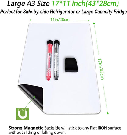 Magnetic Dry Erase Board Fridge White Board Sheet 20x13 inch, Flexible Large Refrigerator Magnets Whiteboard Planner for Home Kitchen, 2 Markers and Eraser