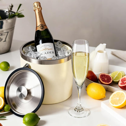 3L beige white Double Wall Insulated Stainless Steel Ice Bucket with scoop for Cocktail Bar,Metal Ice Bucket for freezer with Lid for parties.ice Container to Keep Ice Colder,bar cart accessories