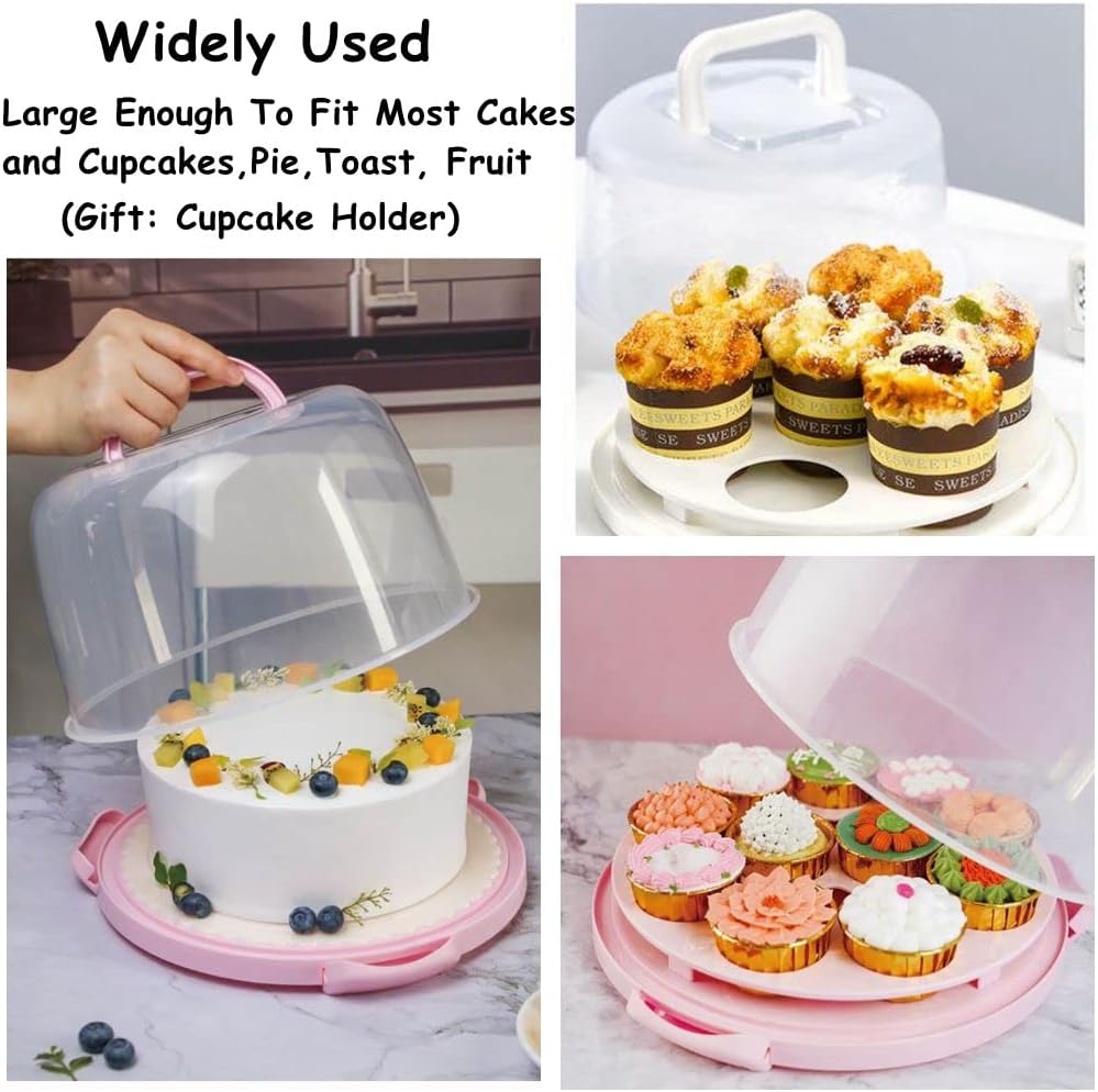 Cake Carrier Round Cake Stand Plus Height Cake Container with Cupcakes Pad, Handle, Lid Reusable Package Box for Transporting Desserts,Pie,Toast,Fruit (10" Black)
