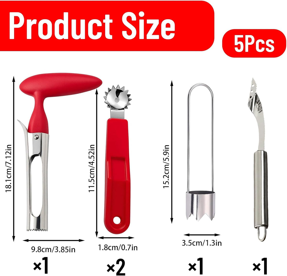 5 Pcs Tomato Tool, Apple Corer, Bell Pepper Corer, Pepper Corer Seed Remover Tool, Red and Stainless Steel Corers for Fruits and Vegetables, Easy to Use and Clean