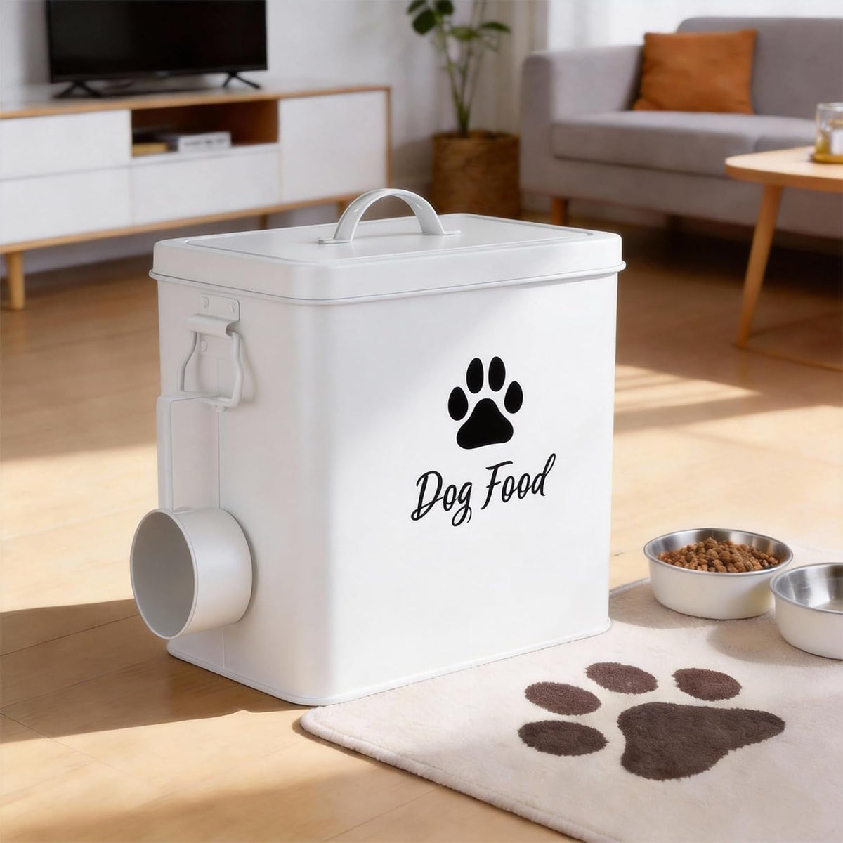 Dog Food Container 13lb, Cute Airtight Pet Food Storage Containers with Metal Lid Scoop, Black Metal Storage Bin for Dog/Cat with Wheels,Easy to Move