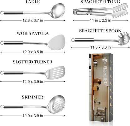 Pleafind 𝟑𝟑% 𝐎𝐅𝐅 Cooking Utensils Set - 4 Pcs Stainless Steel Kitchen Utensils Set with Solid Turner, Slotted Turner, Serving Ladle, Slotted Spoon, Wok Utensils Set with Heat Resistant Handle