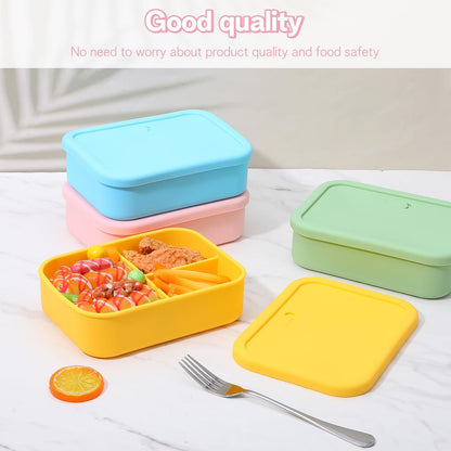 4 Pcs Silicone Bento Box Set - Reusable 3 Compartment Lunch Containers for Adults, Microwave, Dishwasher & Freezer Safe, Leakproof Meal Prep Boxes in Pink, Blue, Green, Orange