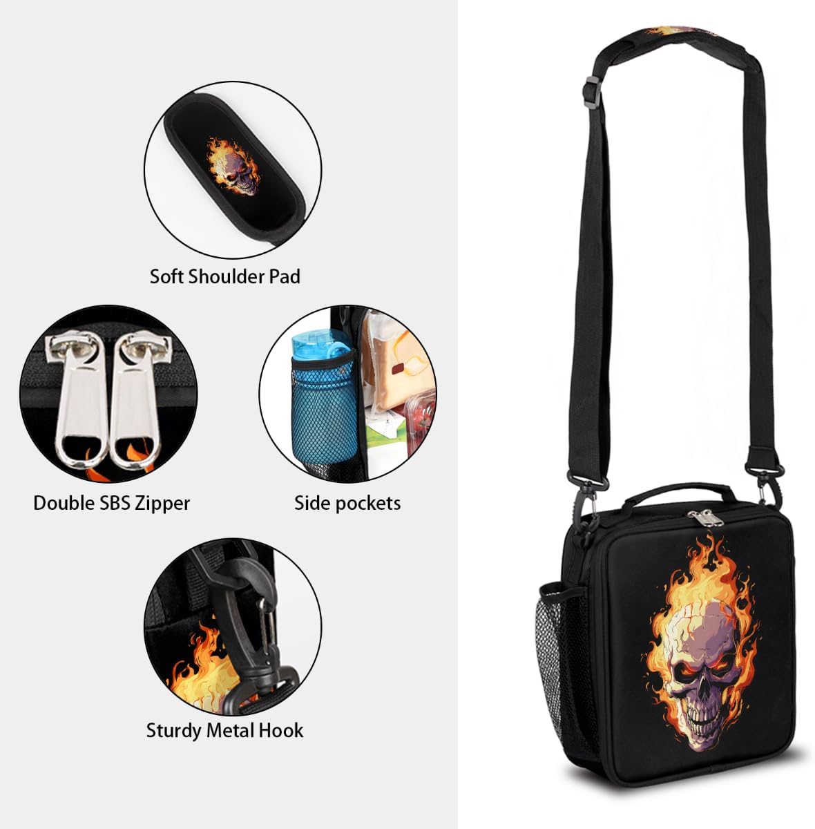 cfpolar Skull Skateboard Lunch Box for Boys Girls, Insulated Lunch Bags for Kids Reusable Mini Cooler Lunch Tote Lunchbox Thermal Meal Tote Kit with Shoulder Strap for Work School Picnic