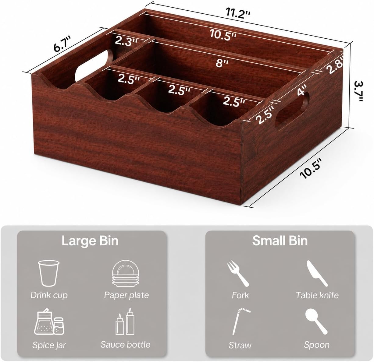 Utensil Holder & Silverware Organizer, Acacia Wood Kitchen Utensil Caddy for Countertop, 6 Compartment Paper Plate Holders & Dispenser, Wooden Cutlery Holder with Handle for Party, Natural Acacia