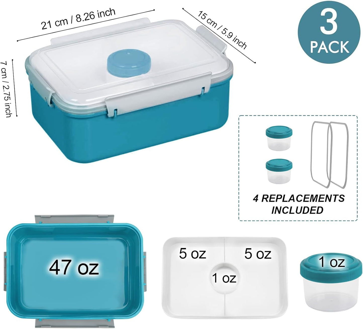 3 Pack Salad Lunch Box Food Storage Containers, 47oz Bento Box To Go Container with Lids, Reusable Meal Prep Containers with Removable Tray & Dressing Pots for Kids and Adults, Microwave Safe