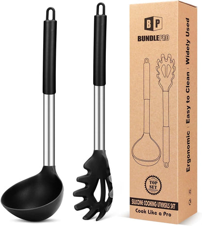 BUNDLEPRO Silicone Soup Ladle and Pasta Spoon Set, 2 Pack, Gray