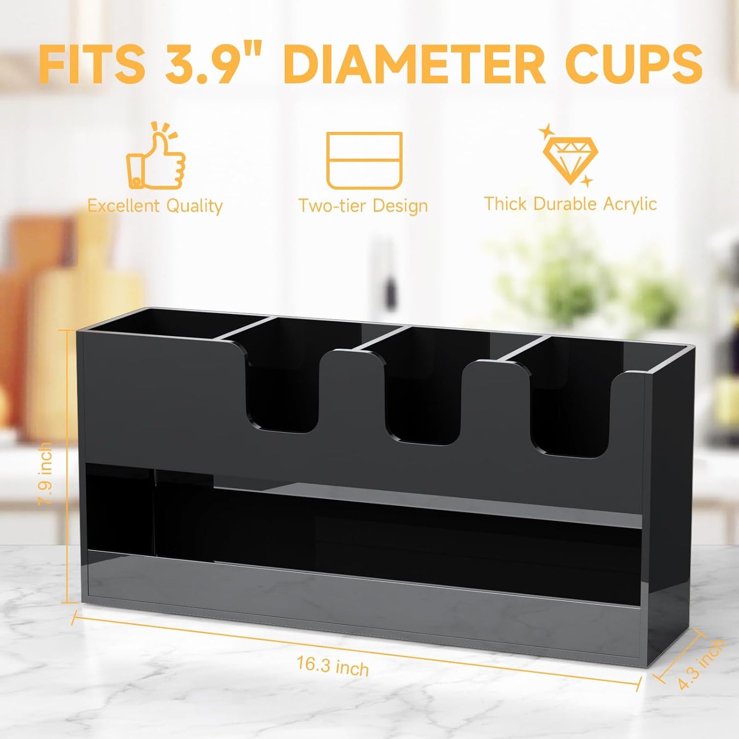 Coffee Condiment and Cup Organizer - 2-Tier Upright Cup and Lid Holder with Straw Organizer 2 Compartments Clear Acrylic Cup Dispenser for Restaurant Breakroom Coffee Station Countertop