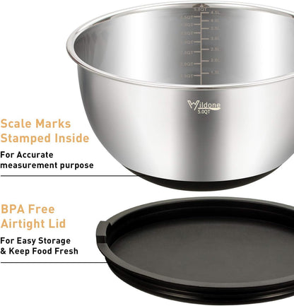 Wildone Mixing Bowls with Airtight Lids Set, 5PCS Stainless Steel Khaki Nesting Bowls for Kitchen, with Grater Attachments & Non-Slip Bottoms, Size 5, 3, 2, 1.5, 0.63 QT, Great for Mixing & Serving