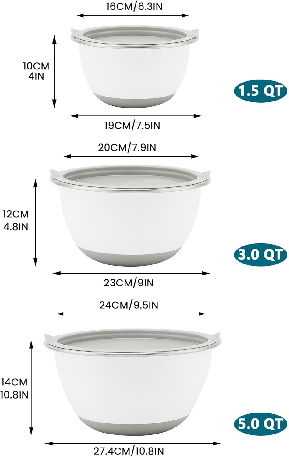Rorence Mixing Bowls Set with Lids, 18/8 Stainless Steel Mixing Bowls with Non-Slip Silicone Base & Measurement Marks, Airtight Food Storage for Baking, Cooking & Meal Prep,1.5QT/3QT/5QT/Blue