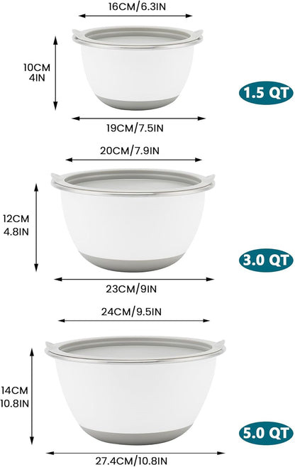 Rorence Mixing Bowls Set with Lids, 18/8 Stainless Steel Mixing Bowls with Non-Slip Silicone Base & Measurement Marks, Airtight Food Storage for Baking, Cooking & Meal Prep,1.5QT/3QT/5QT/Blue