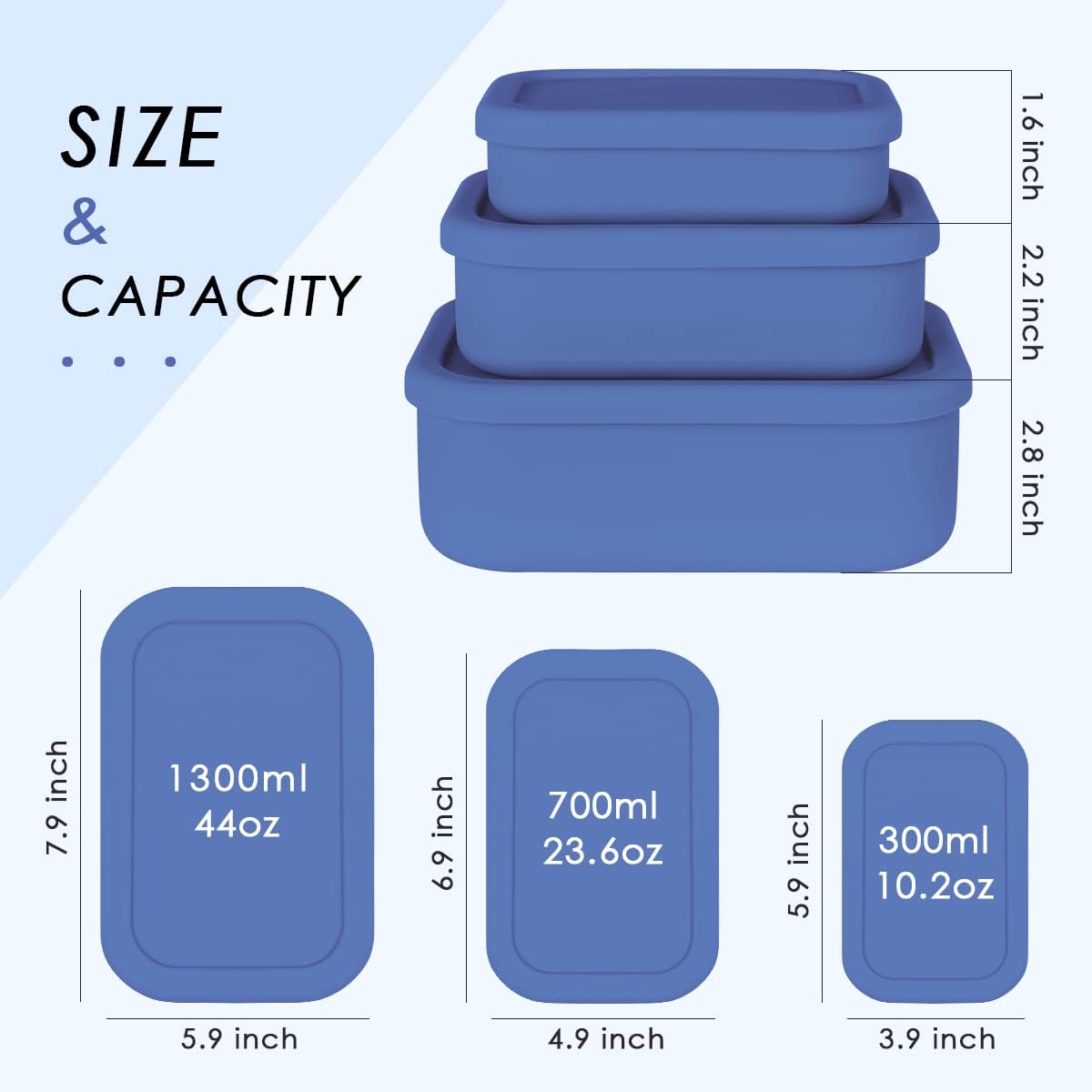 Silicone Food Storage Containers, Set of 3 Rectangular BPA-Free Silicone Lunch Box Containers with Lids, Airtight, Leak-Proof, Freezer, Microwave & Dishwasher Safe (10.2oz, 23.6oz, 44oz)