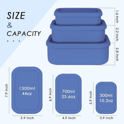Silicone Food Storage Containers, Set of 3 Rectangular BPA-Free Silicone Lunch Box Containers with Lids, Airtight, Leak-Proof, Freezer, Microwave & Dishwasher Safe (10.2oz, 23.6oz, 44oz)