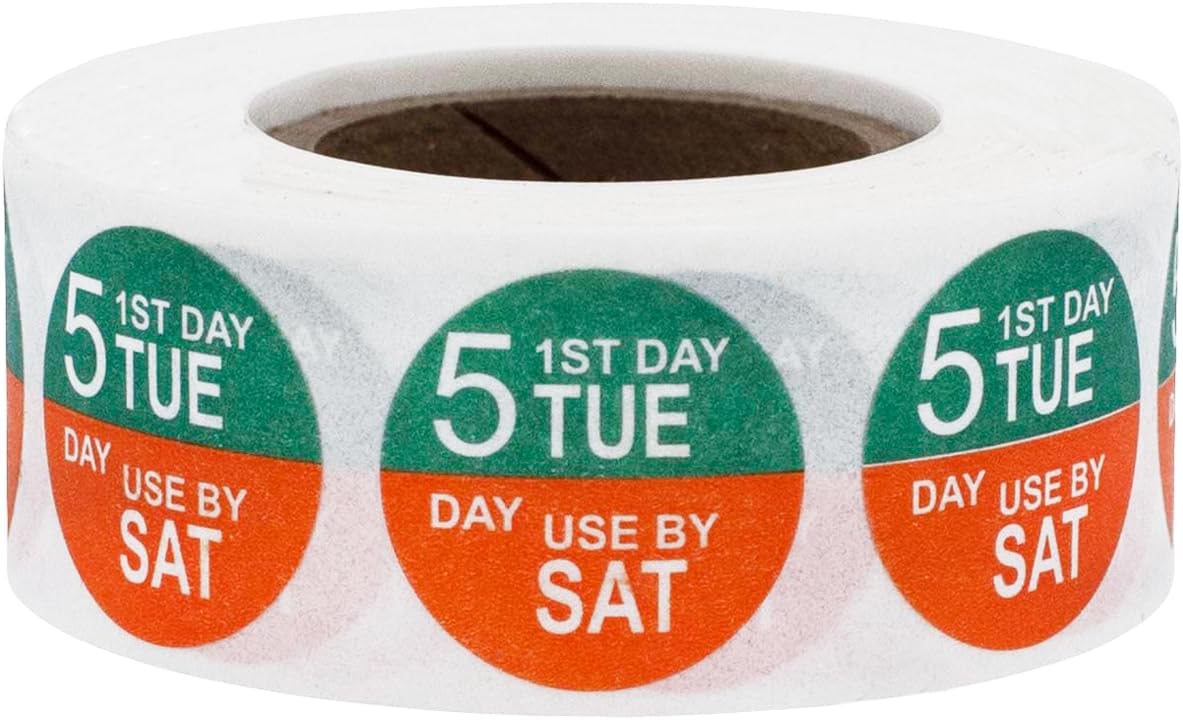 Dissolvable Tuesday Through Saturday 5 Day Food Rotation Labels, 3/4 Inch Use by Stickers, 500 Total Adhesive Labels on a Roll for Restaurant and Kitchen Prep – Made in The USA