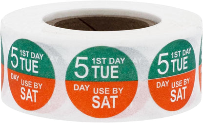 Dissolvable Tuesday Through Saturday 5 Day Food Rotation Labels, 3/4 Inch Use by Stickers, 500 Total Adhesive Labels on a Roll for Restaurant and Kitchen Prep – Made in The USA