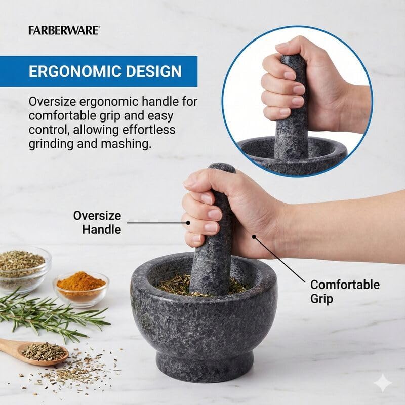 Farberware Small Granite Mortar and Pestle Set - Durable Stone Bowl for Grinding Spices, Herbs, and Garlic Powder - Oversize Handle for Easy Grip - Perfect for Guacamole and Kitchen Prep