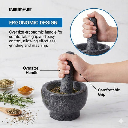 Farberware Small Granite Mortar and Pestle Set - Durable Stone Bowl for Grinding Spices, Herbs, and Garlic Powder - Oversize Handle for Easy Grip - Perfect for Guacamole and Kitchen Prep