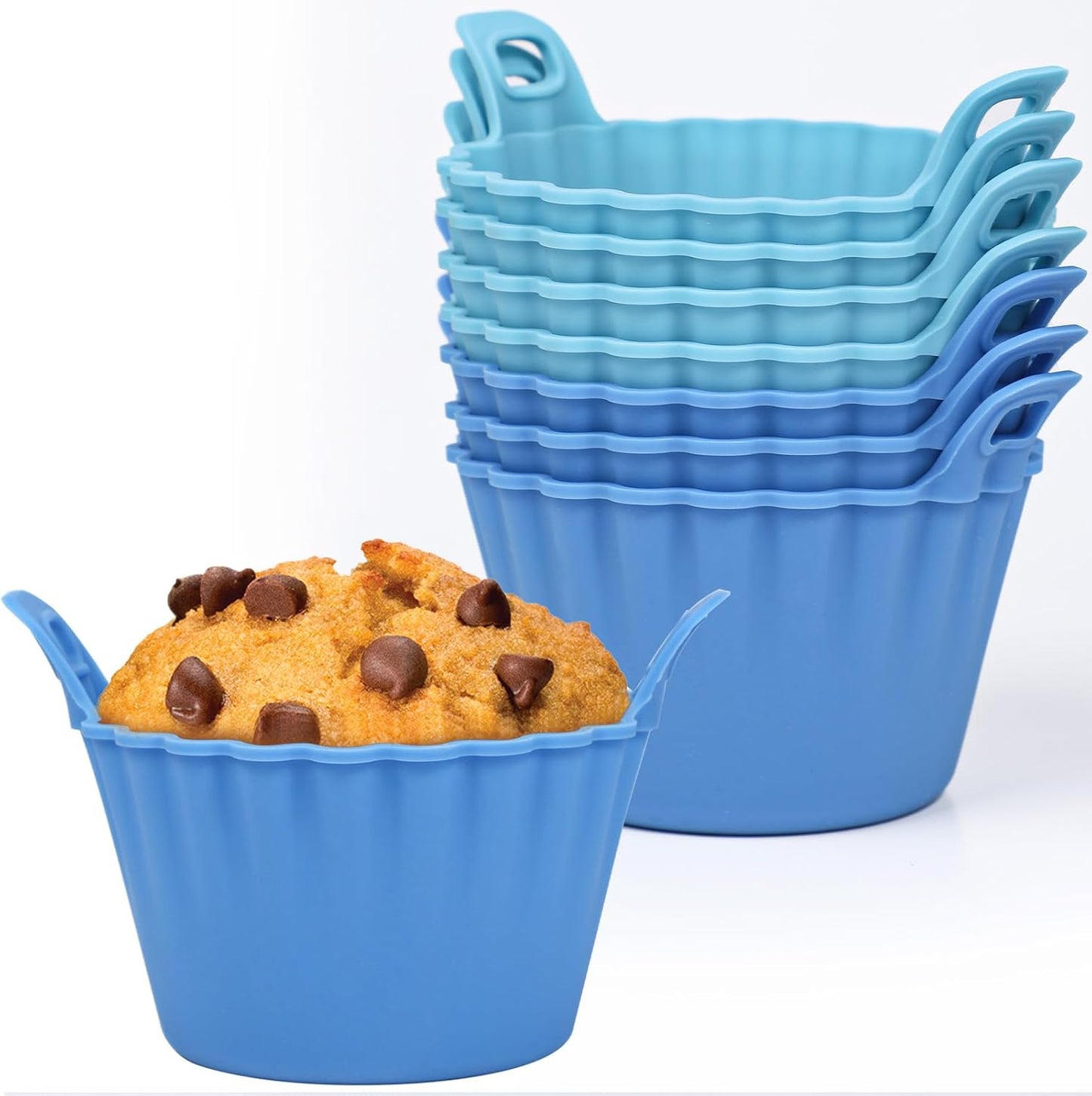 Koluti Nonstick Silicone Muffin Baking Cups Pack of 12, Reusable Cupcake Molds with Double Handle, BPA Free, Mini Round Air Fryer Cupcakes Liner, 3 Colors