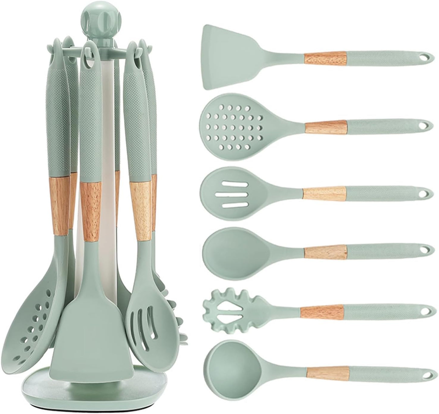 Cooking Kitchen Utensils Set, 7PCS Silicone Cooking Utensil Set with Rotating Holder, Heat Resistant Kitchen Essentials, Kitchen Gadgets for Cookware (Green)