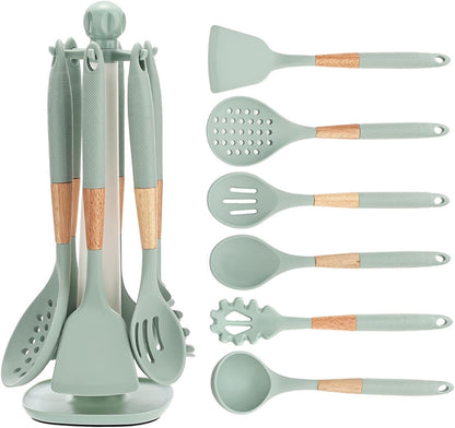 Cooking Kitchen Utensils Set, 7PCS Silicone Cooking Utensil Set with Rotating Holder, Heat Resistant Kitchen Essentials, Kitchen Gadgets for Cookware (Green)