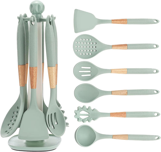 Cooking Kitchen Utensils Set, 7PCS Silicone Cooking Utensil Set with Rotating Holder, Heat Resistant Kitchen Essentials, Kitchen Gadgets for Cookware (Green)