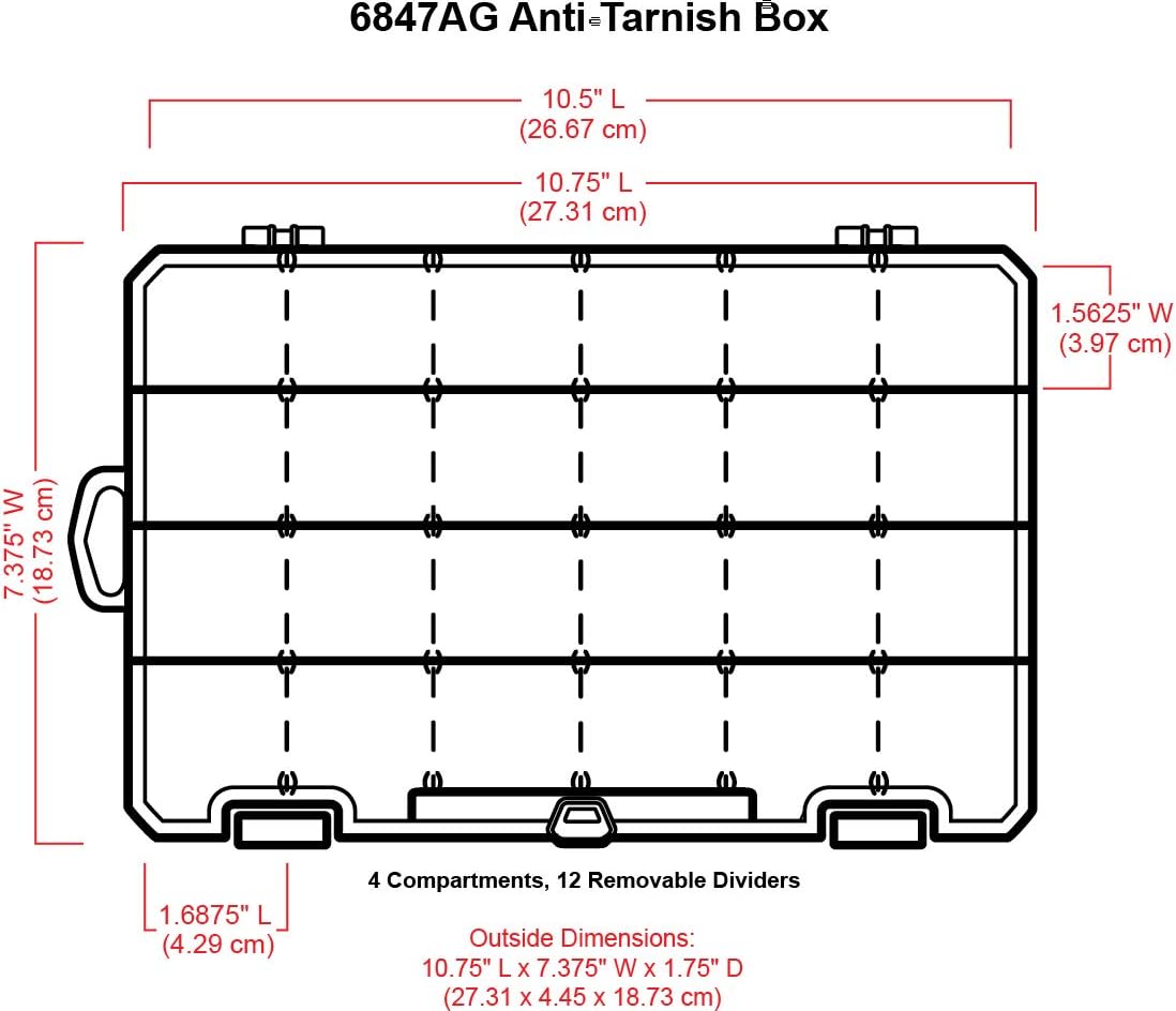 ArtBin 6944AG Medium Anti-Tarnish Box with 15 Removable Dividers, Jewelry & Craft Organizer, 1 Plastic Storage Case with Anti-Tarnish Technology, Clear with Aqua Accents 10.875” x 7.0” x 1.75”