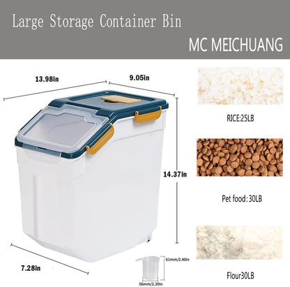 Large Flour Storage Container Bin 25lb, 2Pack Airtight Rice Storage Containers with Measuring Cup&Scoop, BPA Free with Wheels Seal Locking Lid for Flour, Rice, Grain (50LBS Total, Blue)