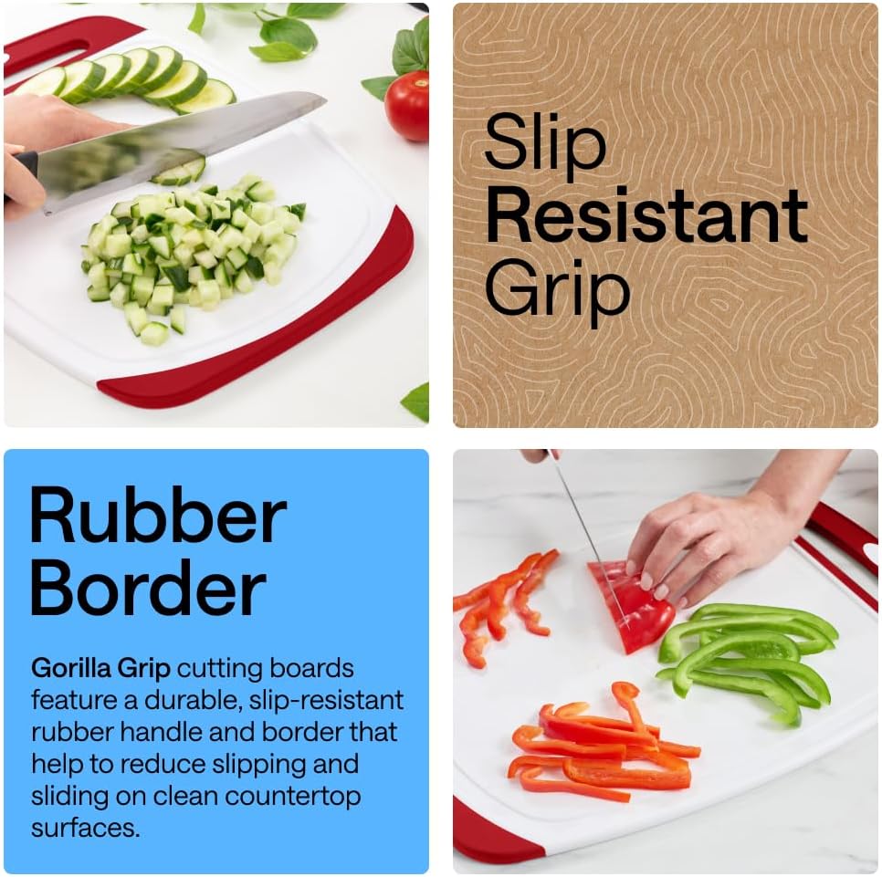 GORILLA GRIP BPA-Free Reversible Kitchen Cutting Board Set of 3, US Designed, Nonporous, Juice Grooves Catch Liquid, Slip Resistant Border, Dishwasher Safe, Durable Large Food Chopping Boards, Black