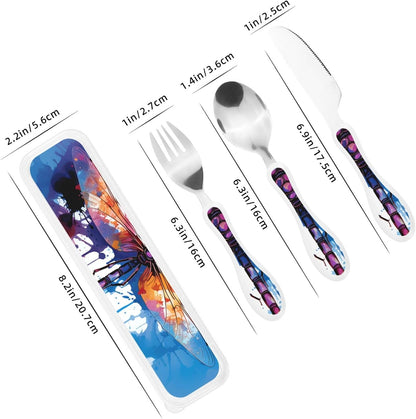 3-Piece Kids Silverware Set With Storage Case, Stainless Steel Reusable Children Safe Knife Spoon Fork Set Colorful Abstract Dragonfly Children Flatware Set For Kids Lunch Box