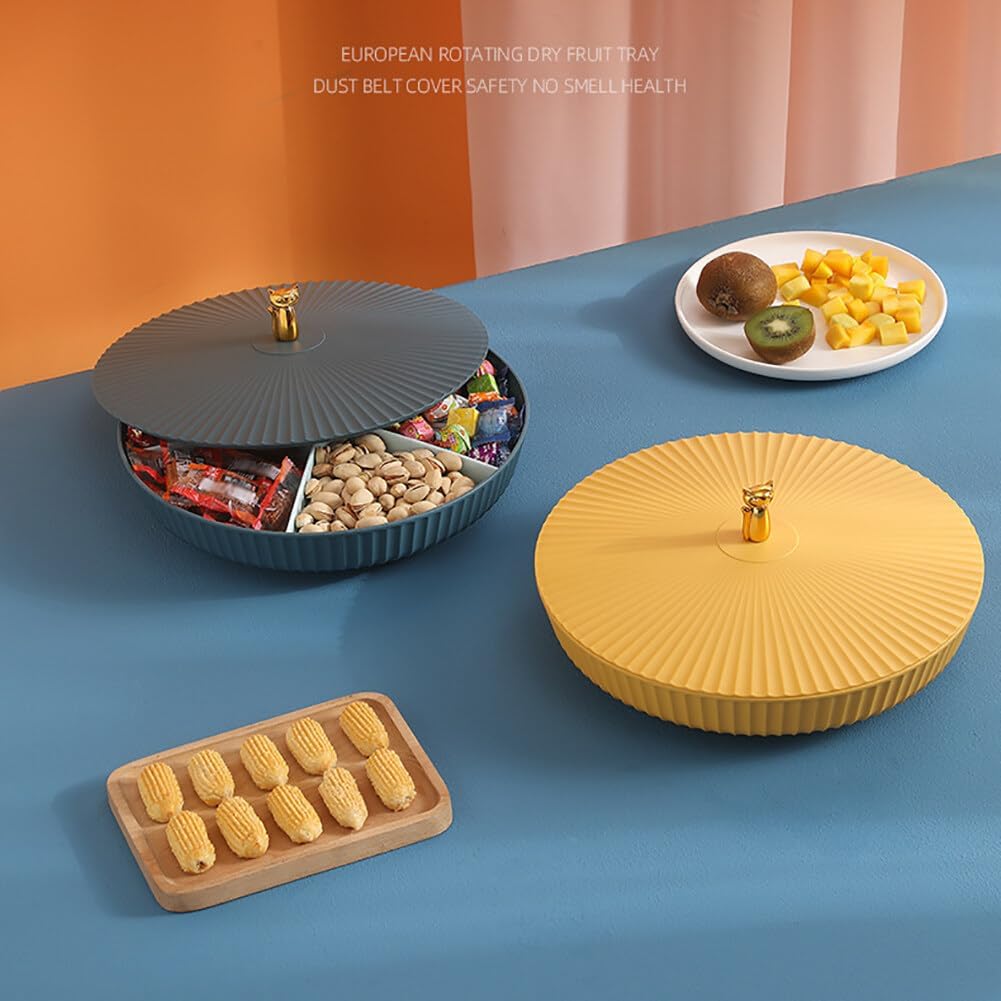 Surakey 12" Appetizer Tray Snack Serving Tray with Lid 5 Compartments 360 Degrees Rotatable Plastic Food Storage Organizer for Dried Fruits Nuts Candies Sweet Cookies (Blue)