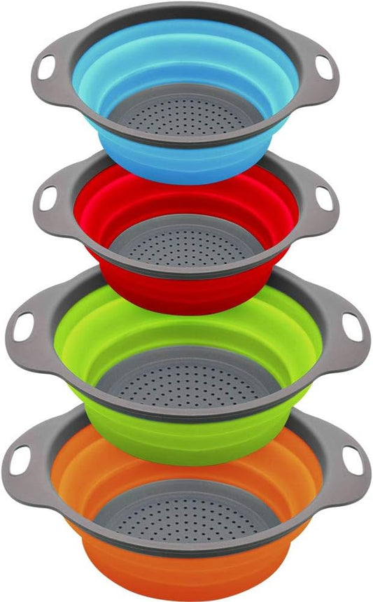 QiMH Collapsible Colander and Strainer Set of 4, 2 PC 4 Quart(1 gal) and 2 PC 2 Quart(0.5 gal), Food-grade Sturdy Plastic Base - Round Space-save Silicone Kitchen Foldable Strainer for Pasta, Veggies